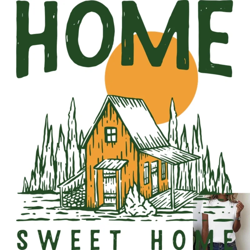 Rustic Cabin & Letter Heat Transfer White Ink Iron - on Patch, Versatile Casual T - shirt Decoration, Home - style Personalized