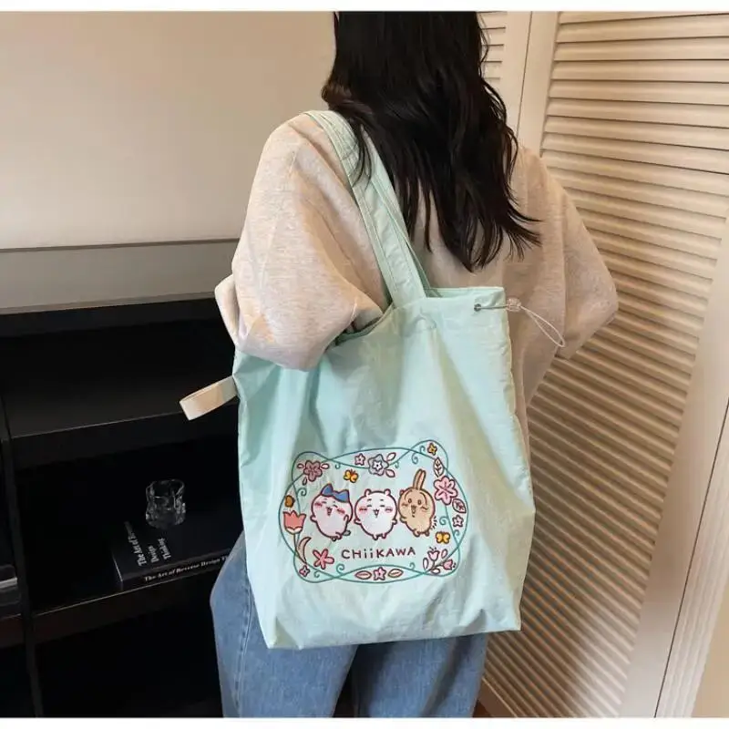 New Girl Chiikawa Embroidery Kit Drawstring Shoulder Bag Travel Storage Bags for Woman Cute Cartoon Large Capacity Tote Bag
