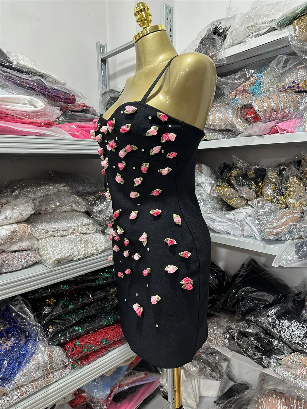 Women Summer Spaghetti Strap Diamonds Flowers Bodycon Mini Elastic Bandage Dress Celebrity Evening Club party Dress Going Out
