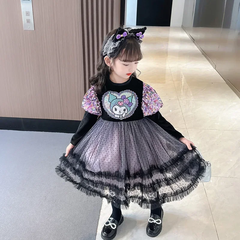 Sanurgente-Robe de princesse Kuromi pour filles, jupe Lolita mignonne, tenue de carnaval pour enfants, costume de cosplay, fête d'anniversaire, anime, Halloween