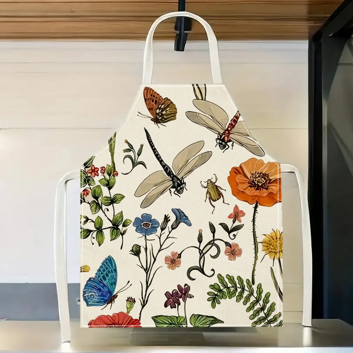 1pc Insect Flower Apron Linen Kitchen Cooking Baking Nature Lover Gift For Her Women Girls Chef Baker