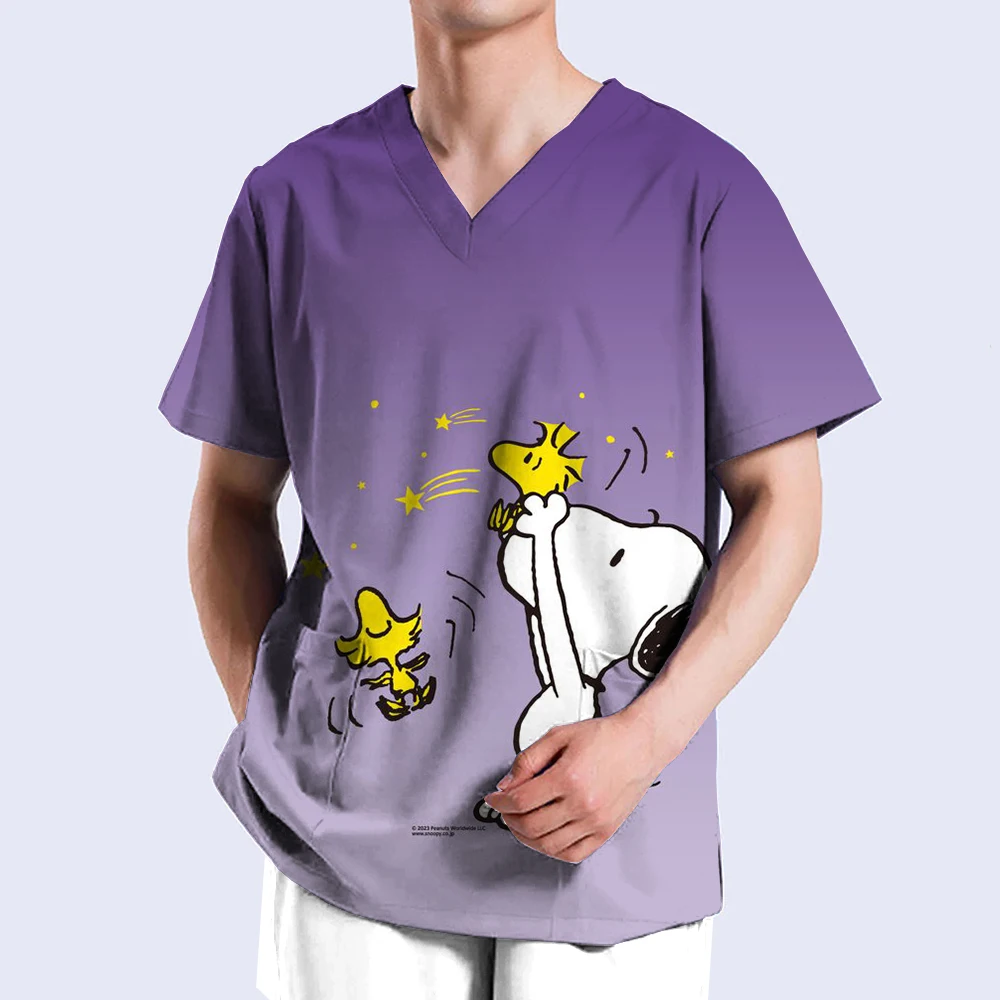 Cartoon Nursing Scrubs Tops Nurse Uniform Snoopy Print T-shirt PEANUTS Man Women Fashion V-neck Pocket Medical Workwear y2k top