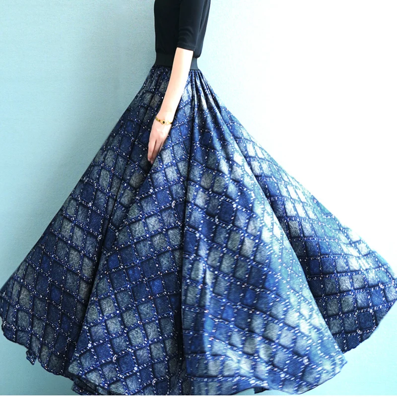 Satin Chiffon Blue Plaid Big hem FULL CIRCLE women's long skirt Summer elegant butterfly pattern chiffon Woman Maxi skirts
