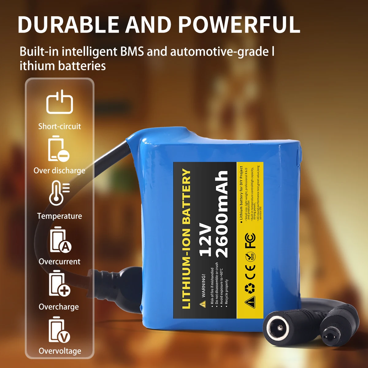 12V 2.6Ah Rechargeable Li-ion Battery Pack with 12.6V 1A Charger, Lithium Battery for DIY Projects, LED Lights, Portable Devices and More