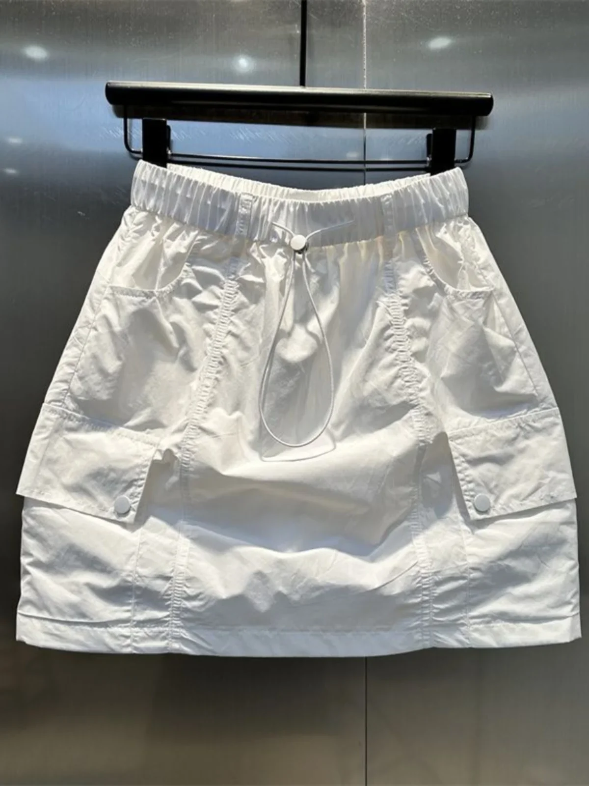 Summer New Dstring Design Multi-ket Workwear A-Line  Skirt Loose Slimming Casual Versatile Anti-Light Skirt Solid color