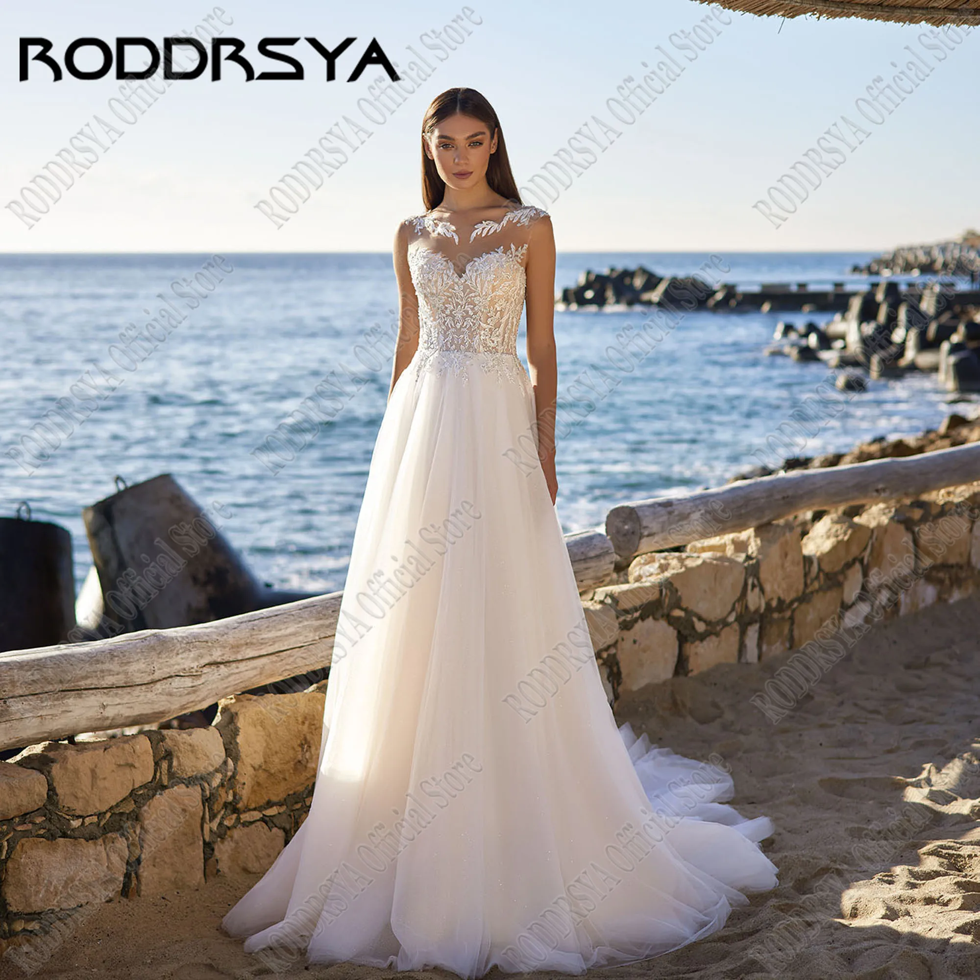 RODDRSYA Beach Sleeveless Wedding Dress 2025 Bride Scoop Neck Tulle A-Line vestido de novia Illusion Back Bride Gowns Customized