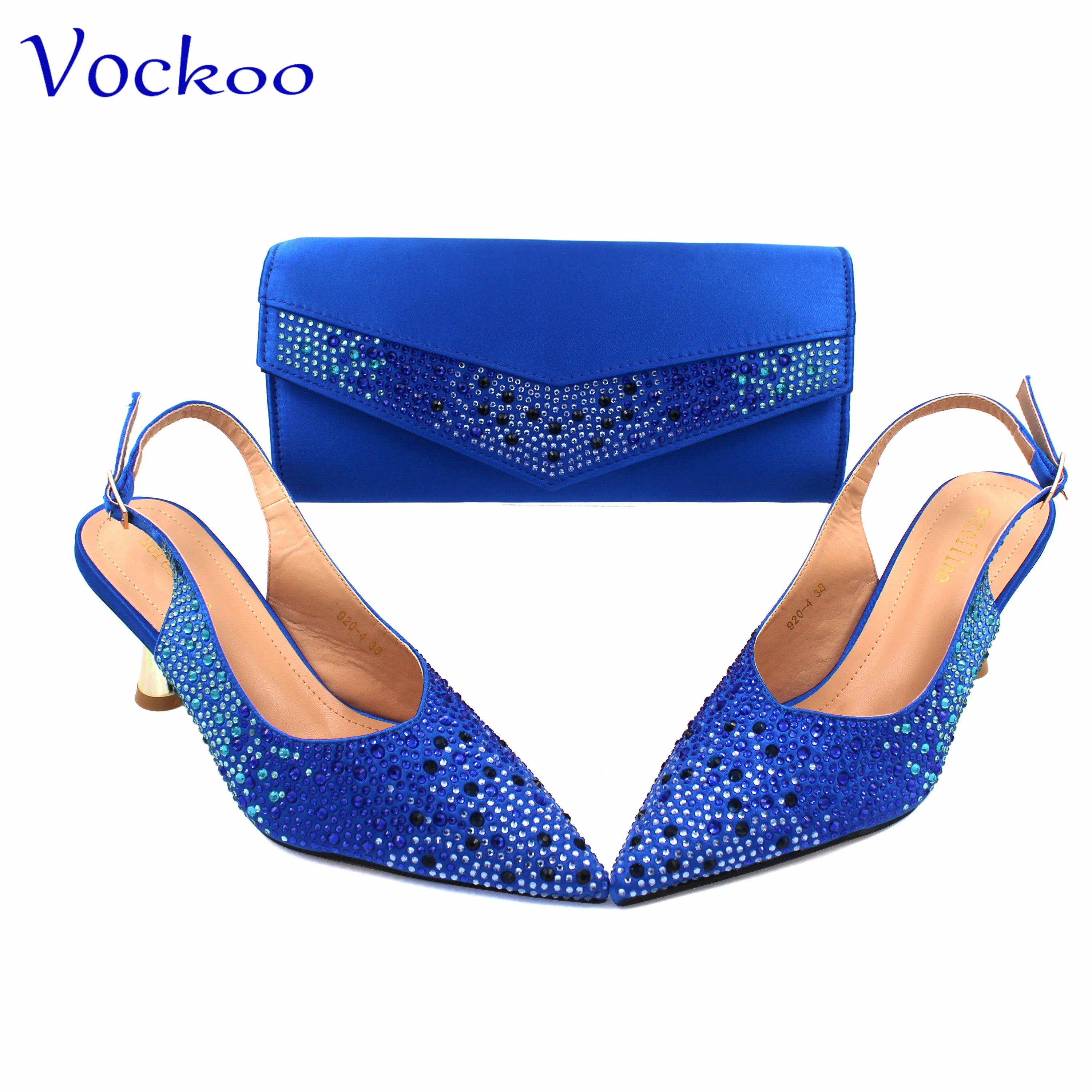 Royal Blue Color Fashion Italian Women Shoes and Bag Set High Quality New Full Shinning Crystal Slingbacks Pumps for Wedding