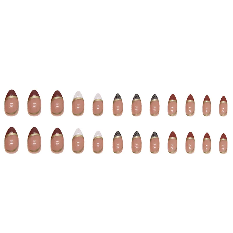 24 szt. Złote Naklejane Paznokcie - Kolorowe Bloki, Subtelne Końcówki w Stylu Leoparda, Średniej Długości, Kwadratowe (Różne Rozmiary)