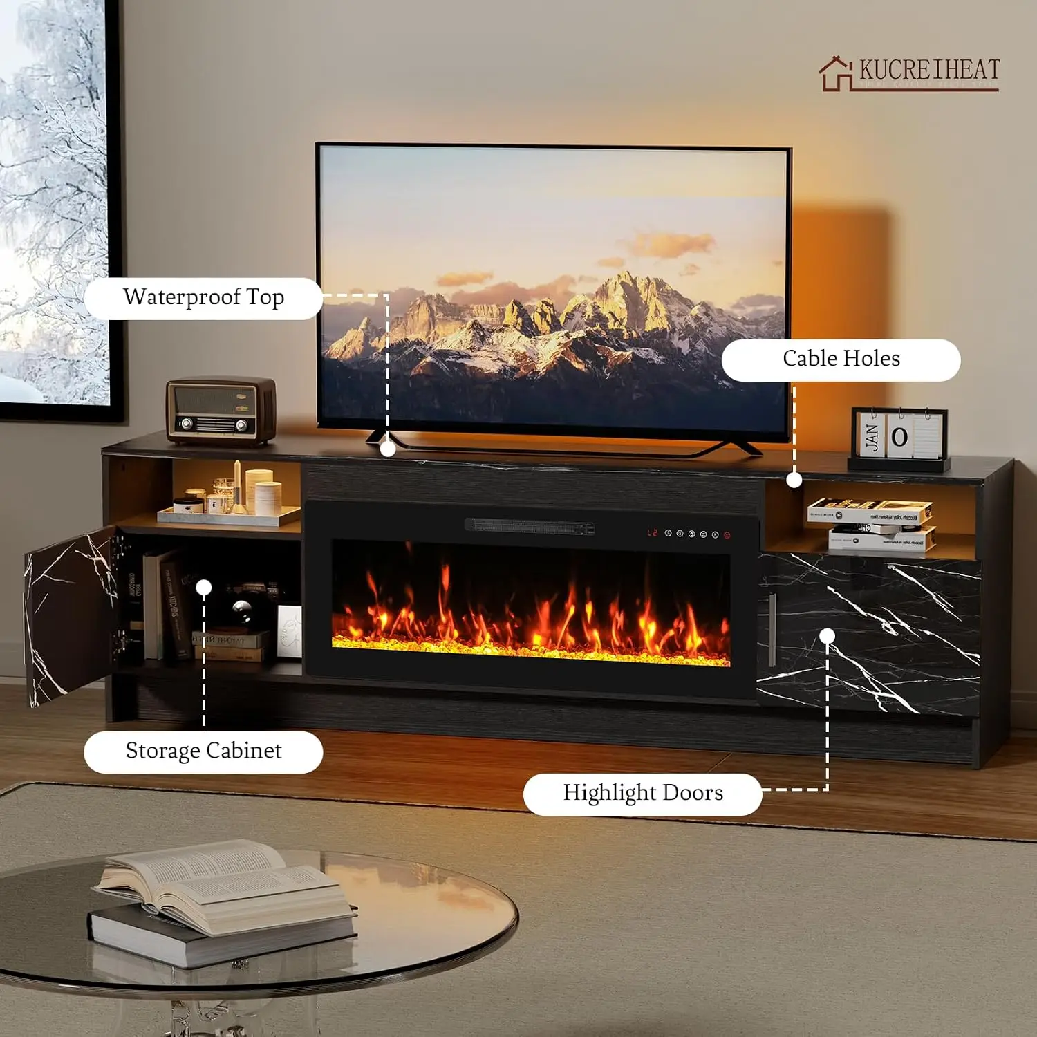 Large TV Stand with Fireplace & LED Lights, High Gloss Storage Cabinet for 65-80 inch TV, Marble Black 70