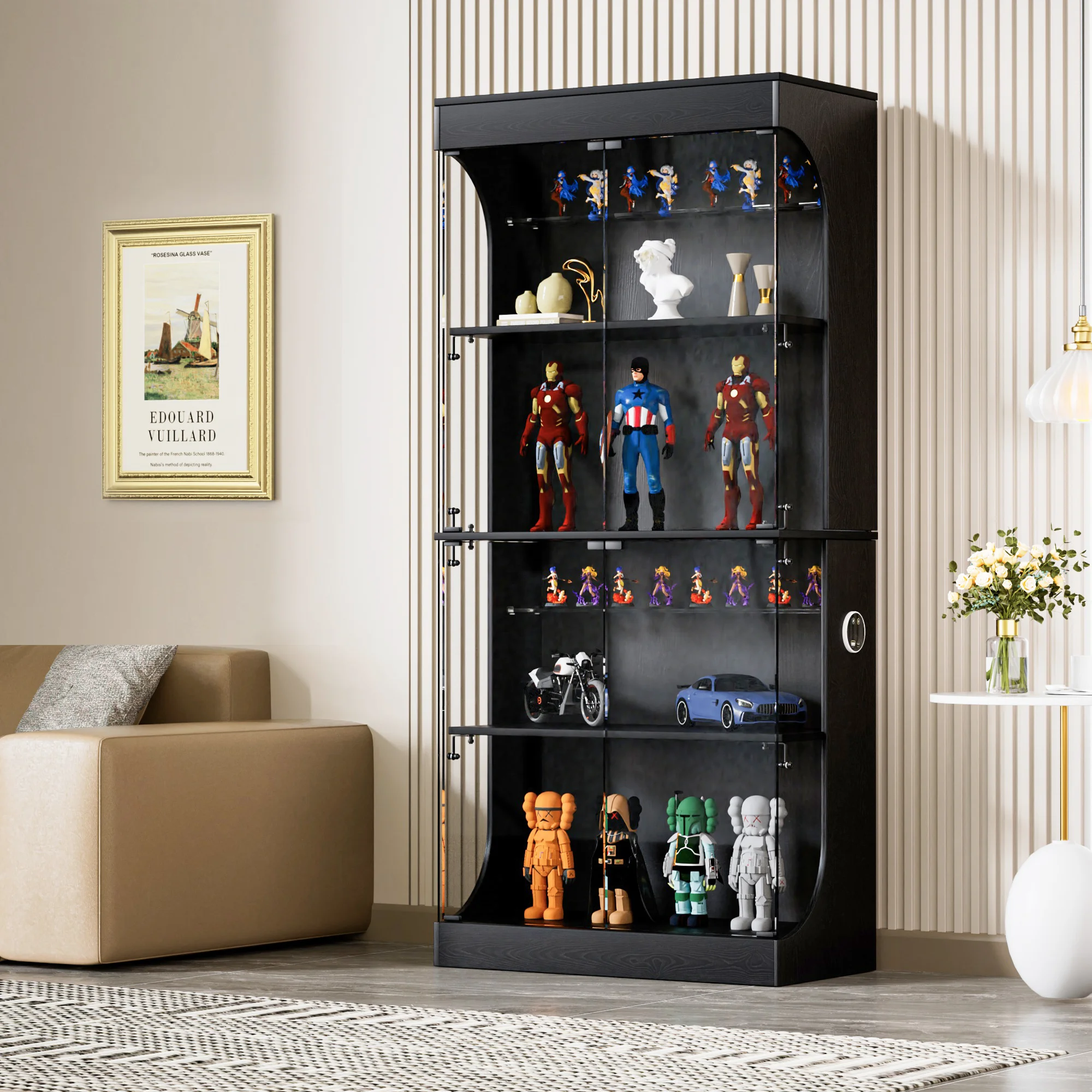 Fotografia 5: Armário Expositor de Vidro com 4 Andares, Iluminação LED, Sensor e Carregamento, Vitrine com Portas de Vidro, 80 × 35 × 165 cm