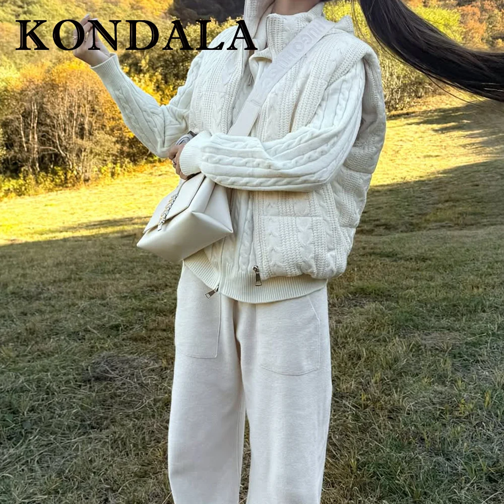 KONDALA Fashion 2025 Winter Solid Cotton Vest Knit Zipper Streetwear Turtleneck Pockets Sleeveless Jacket Casual Chic Outwear