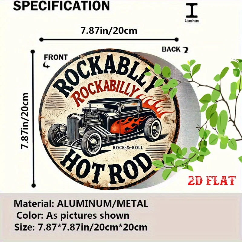 Round Sign Featuring 2D Flat Flames, Perfect for Hot Rod Enthusiasts. This Rockabilly Rustic Metal Wall Art Adds a Retro Touch