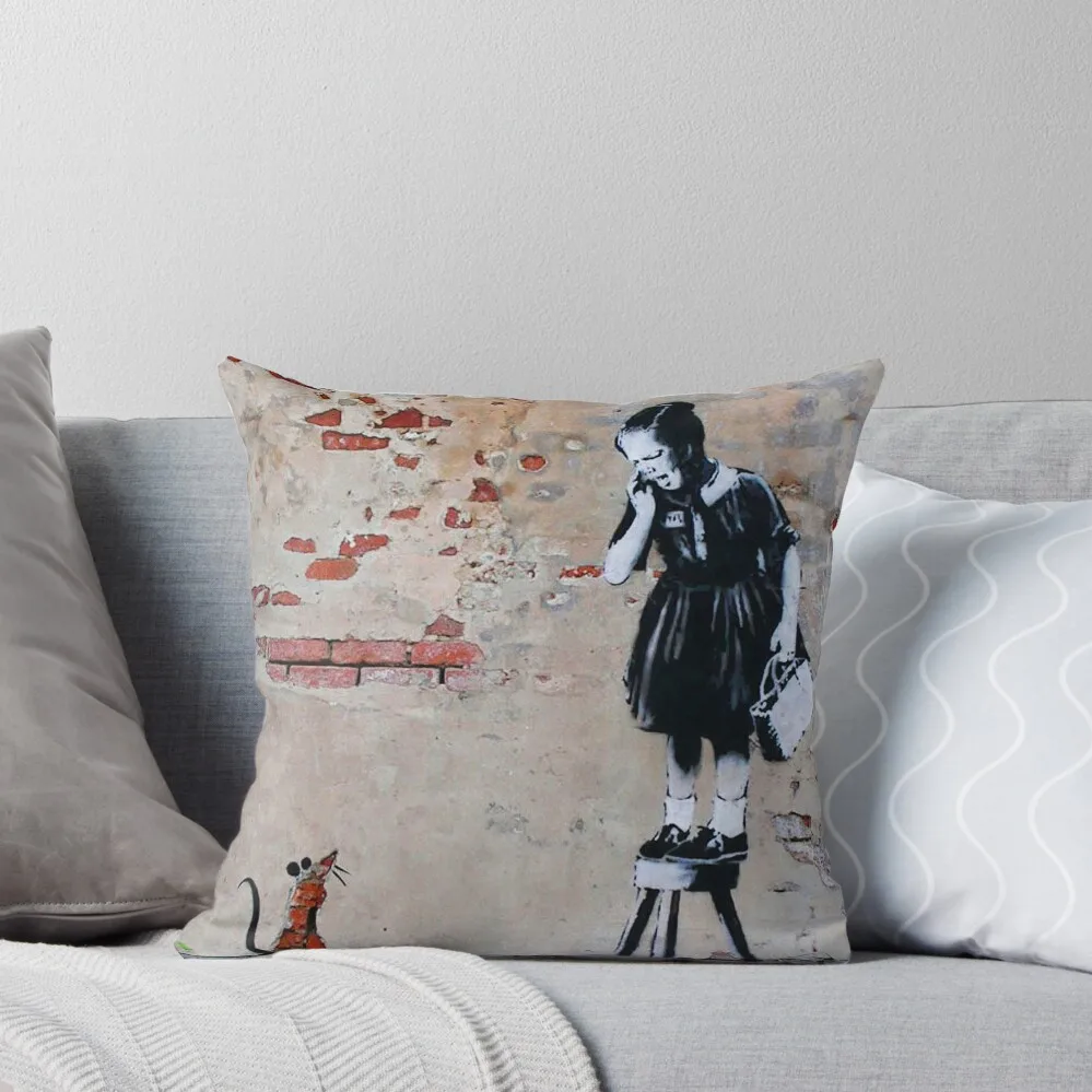 

Banksy Girl and Mouse or Girl on Stool Throw Pillow Cusions Cover Cushions For Sofa luxury decor pillow