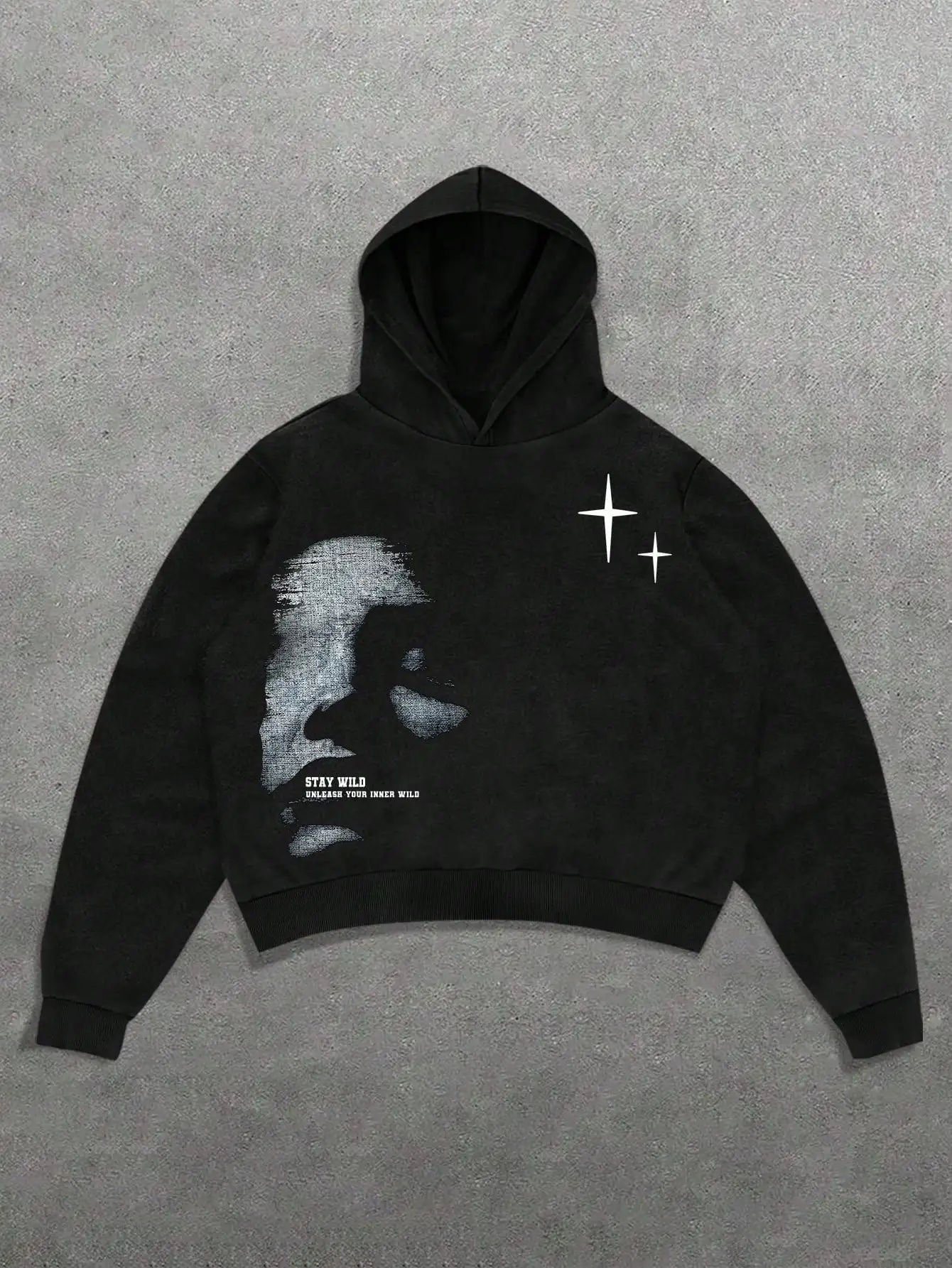 

Black Cropped Hoodie with Distressed Face Graphic and Star Motif, Streetwear Pullover