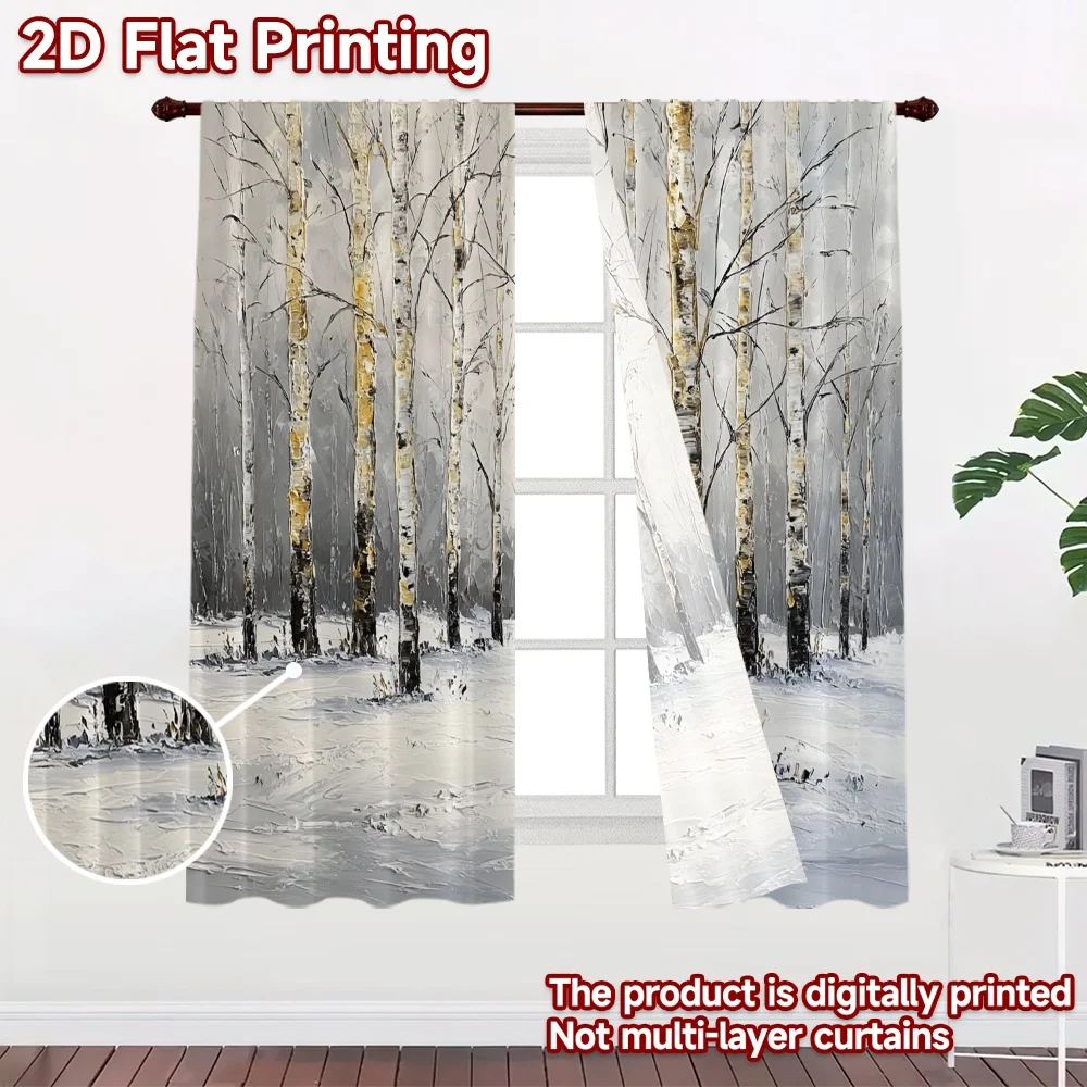 2D flat 2pcs Curtain Vintage drapes and curtains Snowy Birch Trees Digitally printed polyester, colorfast Festive Wall Decor