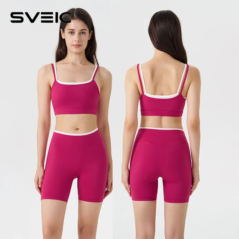

SVEIC Комплект шорт для йоги, красивые топы с лямкой на шее, спортивная одежда, жилет для фитнеса, велоспорта, тренировок, тренировочные костюмы для бега, спортивная одежда