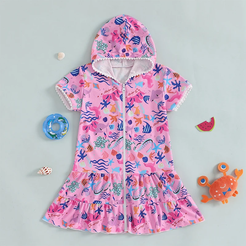 Little Girls Swim Coverups Marine Biological Print Short Sleeve Hooded Dress Zip-Up Beach Ocean Animal Print Beach Skirt