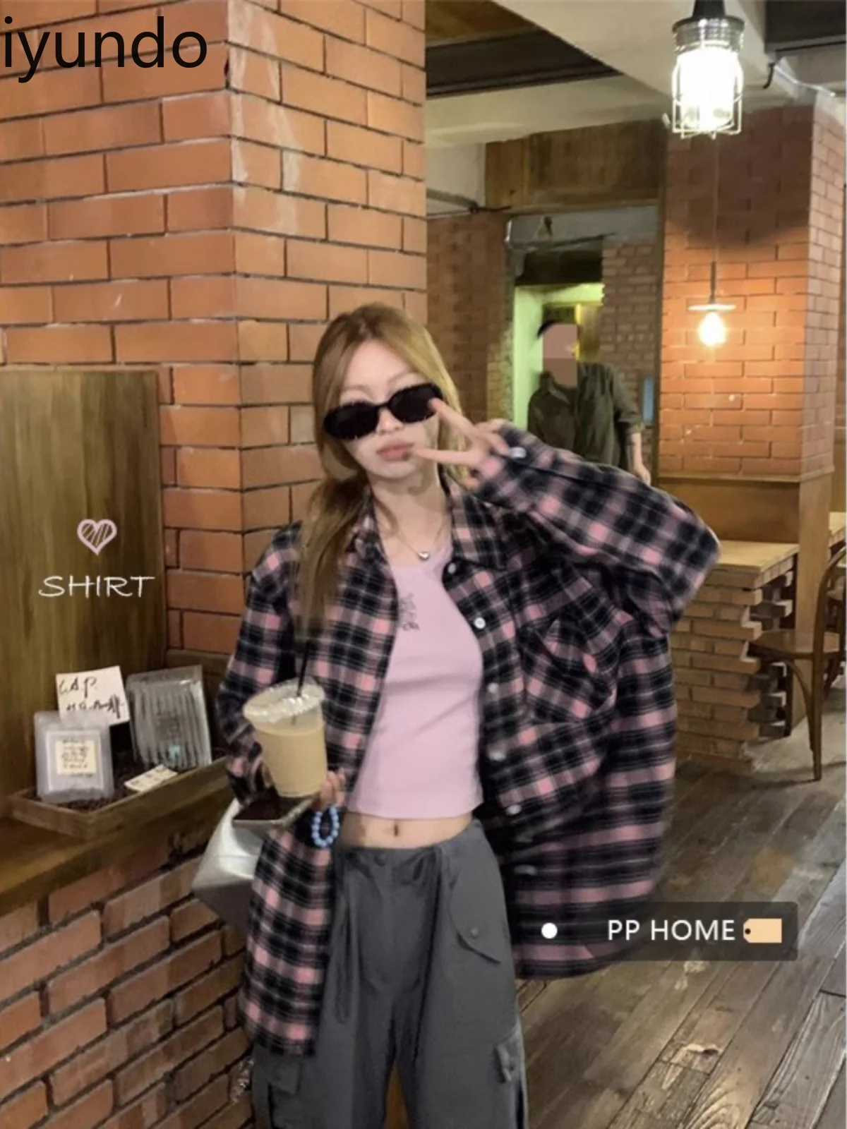

American Retro Women's Pink Classic Plaid Blouse Long Sleeve Sweet & Spicy Oversized Trendy Design Niche Top