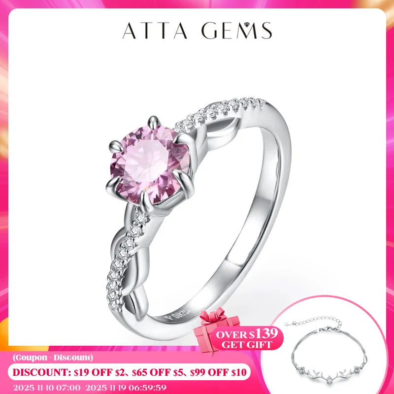

ATTAGEMS D Color Round Cut 1.0ct Pink Moissanite Ring for Women Man Real 100% 925 Sterling Silver Engagement Anniversary Jewelry