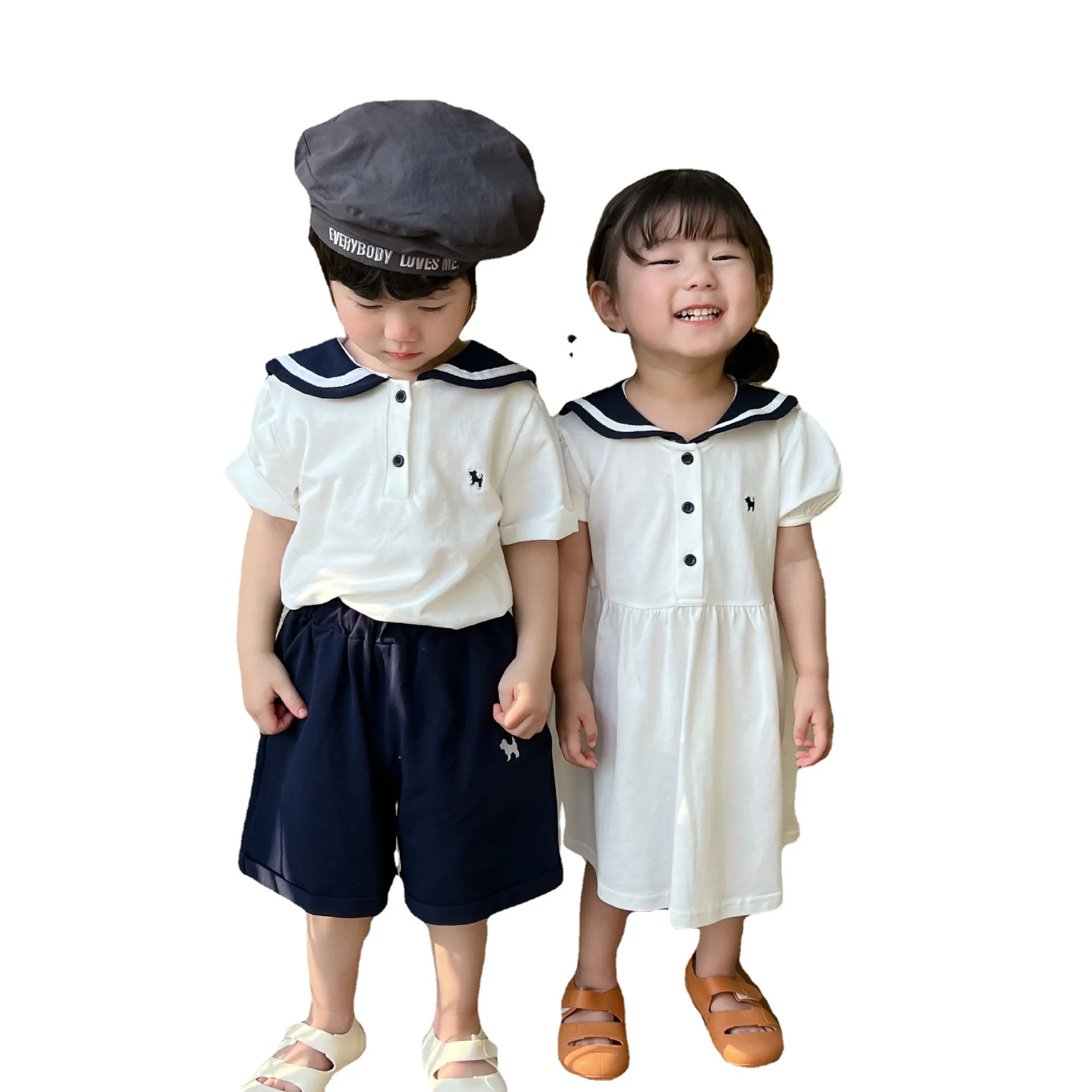 2024 Summer New Sibling Outfits Children Academic Style Boy Navy Collar Tops Shorts Suit Girl Dress Brother Sister Clothes Set