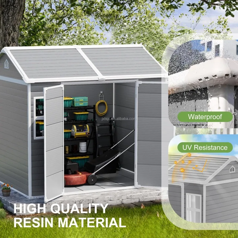 Dove Grey Resin Storage Shed Double Lockable Doors 2 Windows Vents-Waterproof Outdoor Patio Garden Lawn Tool Storage