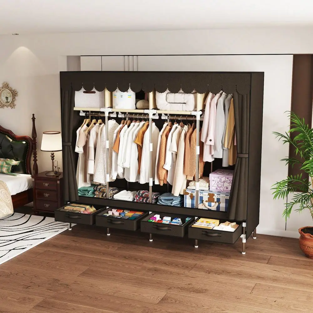 

Heavy Duty Portable Closet Large Capacity Wardrobe With Reinforced Tubes 4 Hanging Rods NonWoven Cover Easy Assembly Freestandi