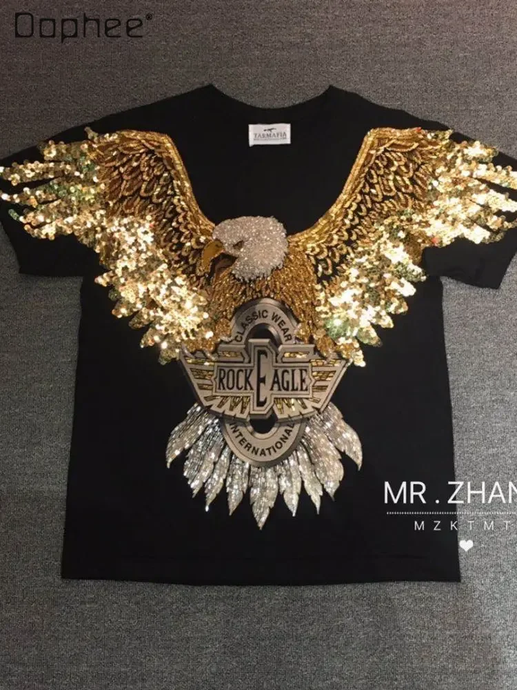 Fashion Brand 3d Beaded Wings Eagle Pattern Mid-Length T-shirt for Women 2023 Summer New Heavy Embroidery Sequins Couple Tee