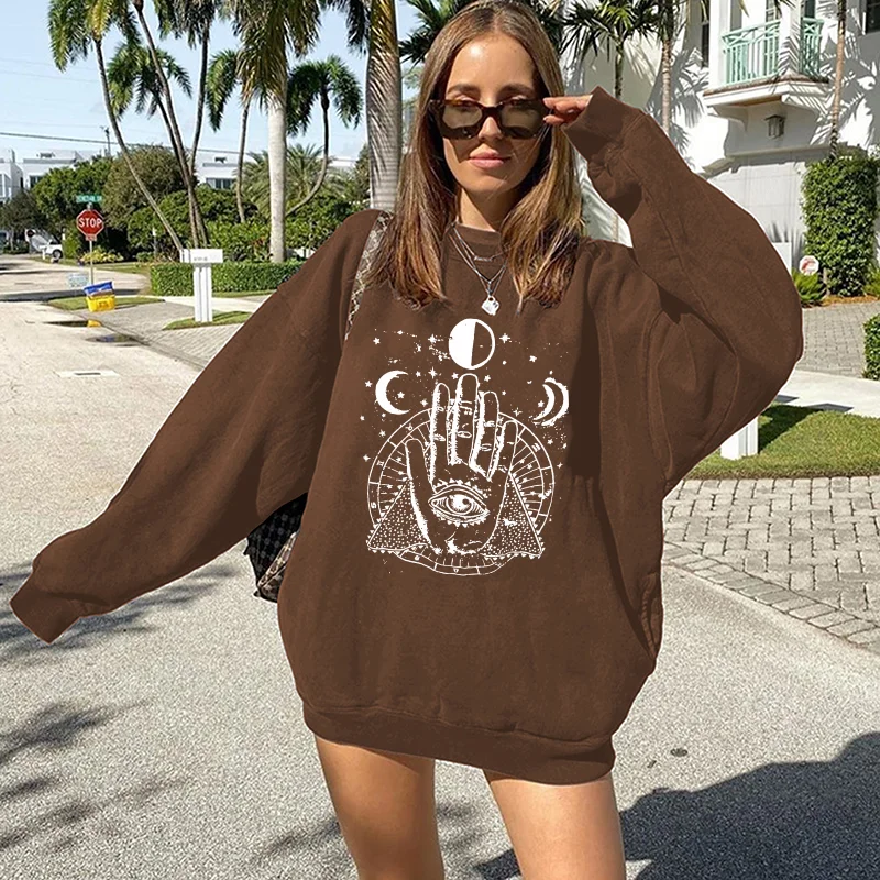 Seeyoushy Vintage Palms and Eyes Print Women Sweatshirts Spring/Autumn Loose Hoodies Sweatshirts Drop Shoulder Tops New Y2K Tops