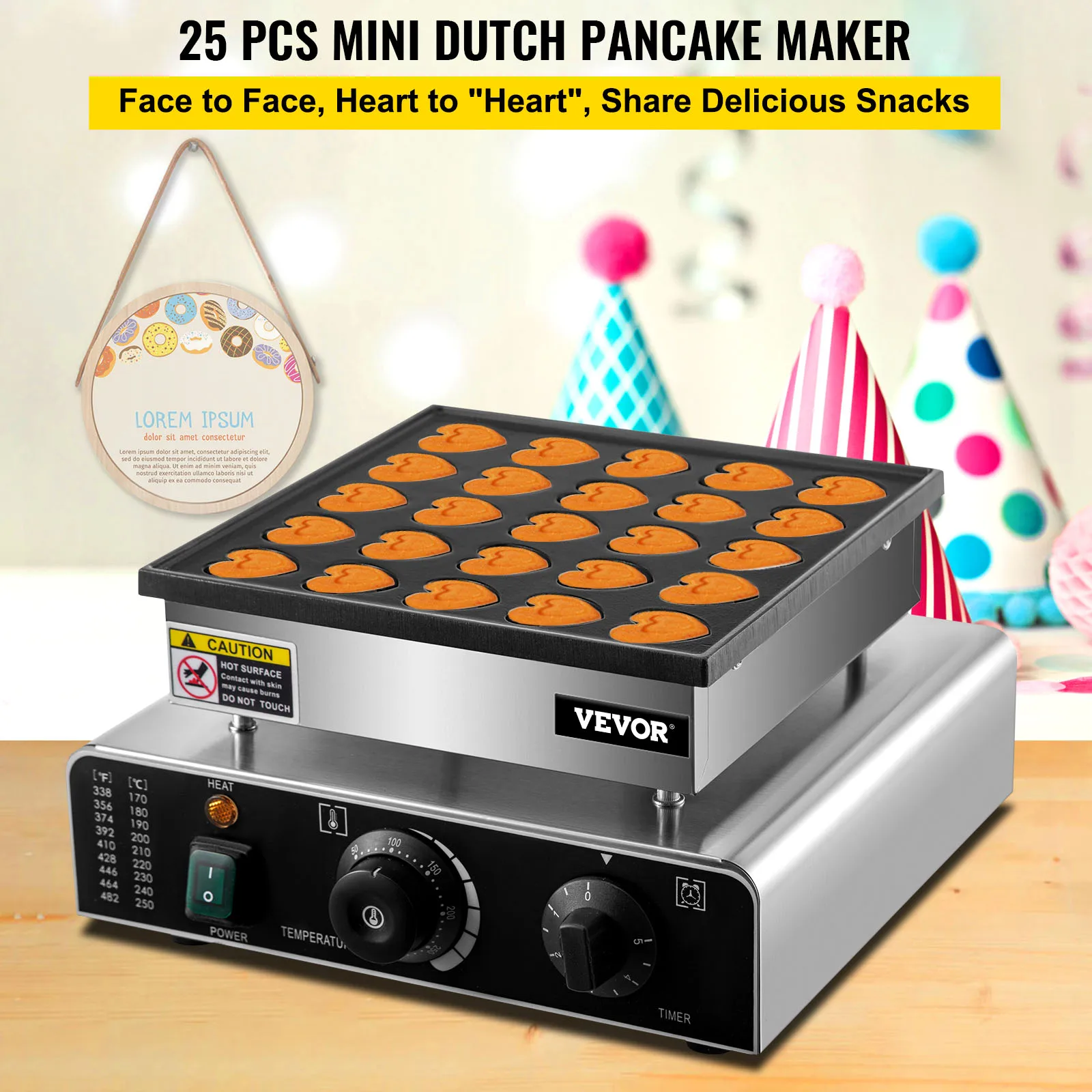 VEVOR Mini Dutch Pancake Bäcker, 25 Stk. Dutch Mini Pfannkuchen Maschine 850W Automatische Poffertjes Grill 0-5 min Waffeleisen, Poffertjes Maschine Waffel in Herzform für  Bäckereien, Cafeterias