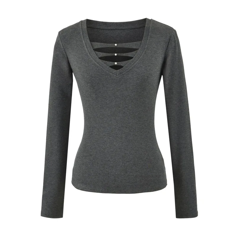 

Новая модная повседневная футболка в стиле Hot Girl: сексуальная, с глубоким V-образным вырезом, однотонная, с длинными рукавами, элегантная, 3C90