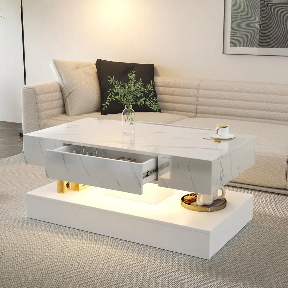 

Modern LED Coffee Table with RGB Lights Large Living Room Furniture Drawer Storage 39.37in