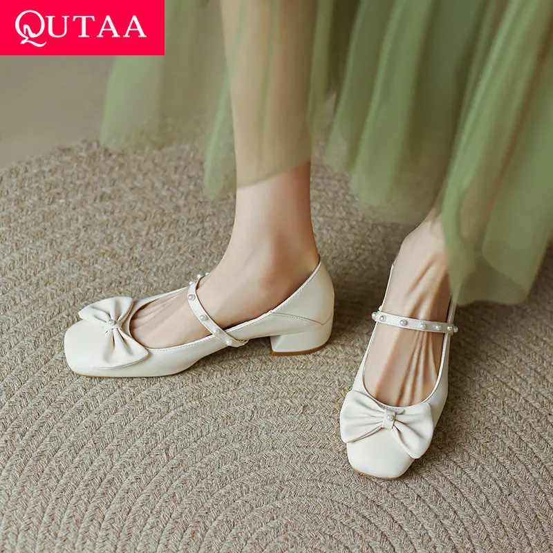 QUTAA 2022 Square Low Heel Mary Janes Round Toe Summer Female Shoes Butterfly-Knot PU Leather Platform Women Pumps Size 34-43