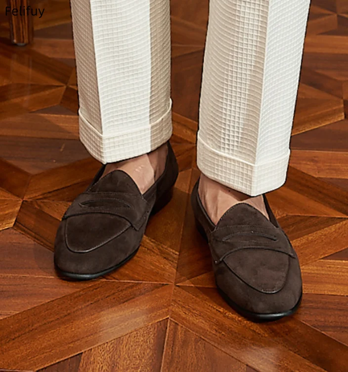Brown Beige Men's Cow Suede Real Leather Loafers Shoes Retro Slip-on Casual Shoes Men Formal Shoes Wedding Male Dress Shoes