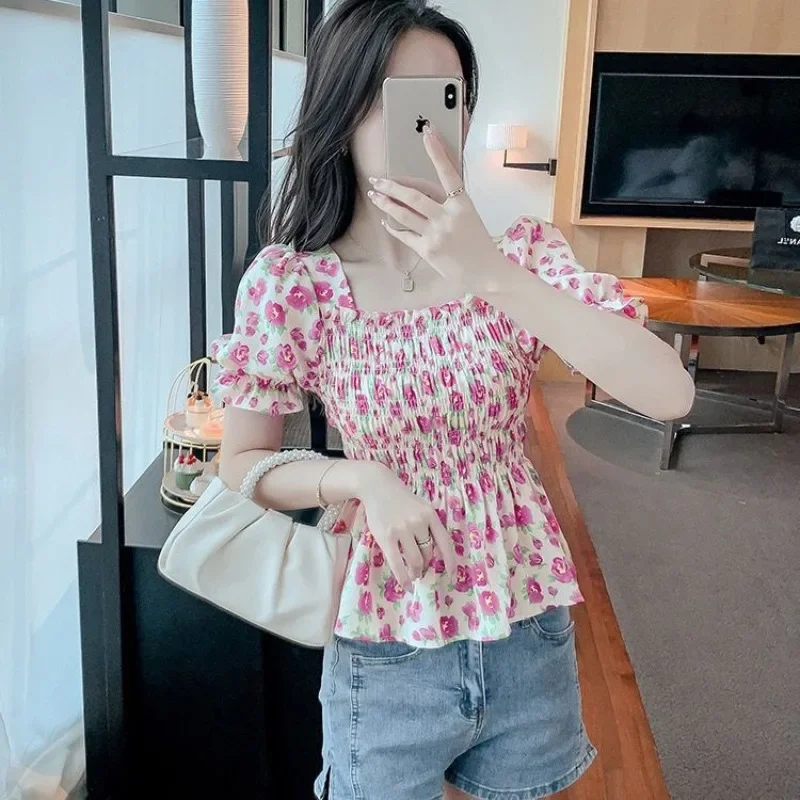 

Women Elegant Summer Floral T-shirts Square Collar Puff Sleeve Tops New Slim Sweet Chic Tees Fashion Printed Cottagecore Shirts