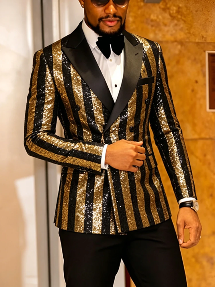 

Men's Striped Sequin Double-Breasted Suit Set Tuxedo Jacket & Pants for Wedding, Prom