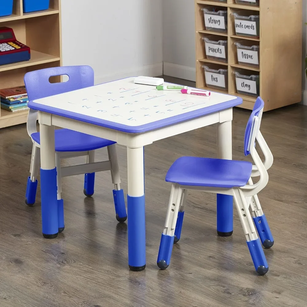 Kinder tisch trocken reiben quadratischer beweglicher Tisch mit 2 Stühlen, verstellbar, Kinder möbel, blau, 3er-Set