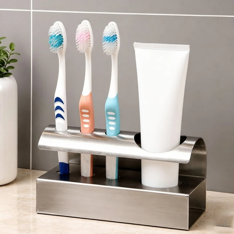 Bathroom Counter Toothbrush Holder in Metal, Sink Rack with Several Brush Holes, Toothpaste Opening, and Open Lower Side A2BB