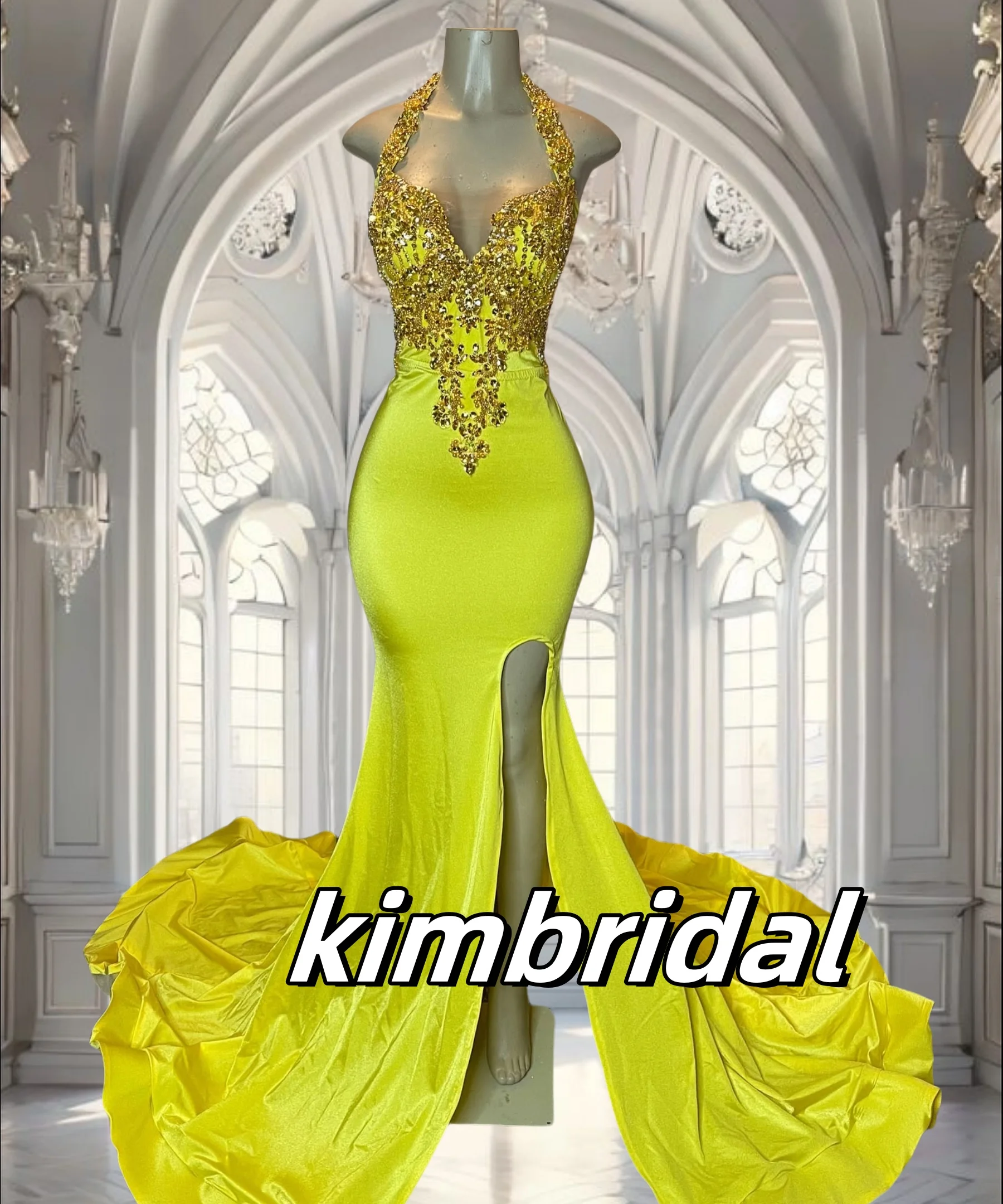 

Yellow Halter Pearls Prom Dresses Long for Women 2025 Crystal Beading Mermaid Side Slit Formal Evening Gowns