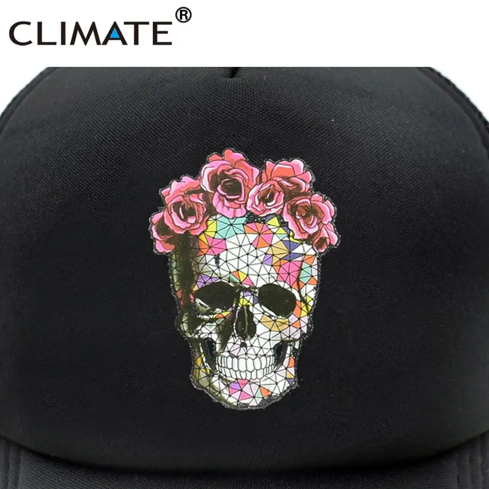 CLIMATE Flower Skeleton Trucker Cap Cool Skull Bone Cap HipHop Baseball Caps Summer Bloodcurdling Black Mesh Cap Hat for Men