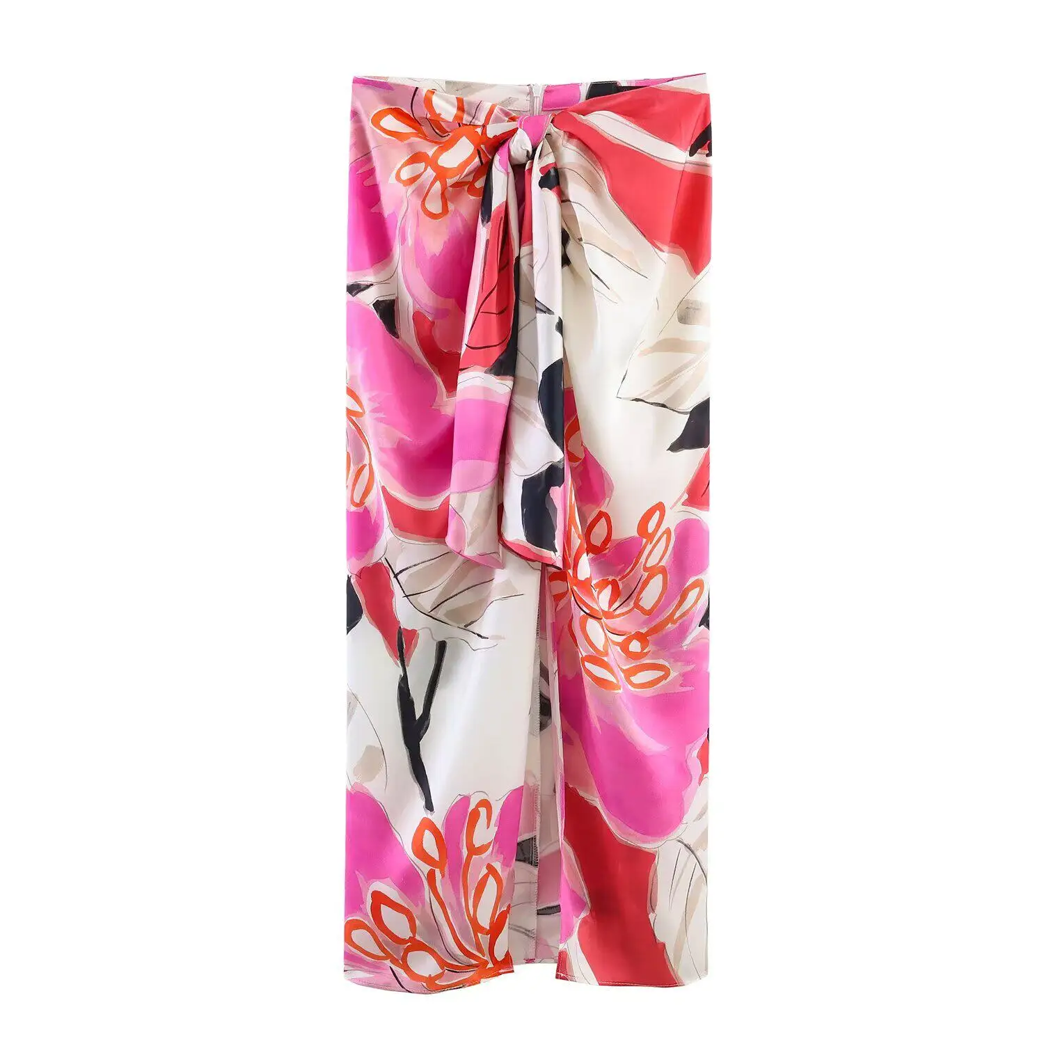 JNLEAOG Summer New Women's Silk Satin Printed Top Knot Decorated Midi Skirt Fashionable Two-Piece Set Floral Pattern Polyeste... view 4