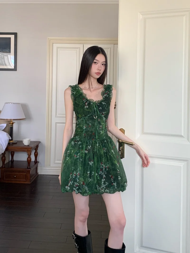 Cheerart チュールグリーン花柄フリルショートドレス 2025 女性ノースリーブボールガウンシフォンミニ誕生日ドレス高級夏