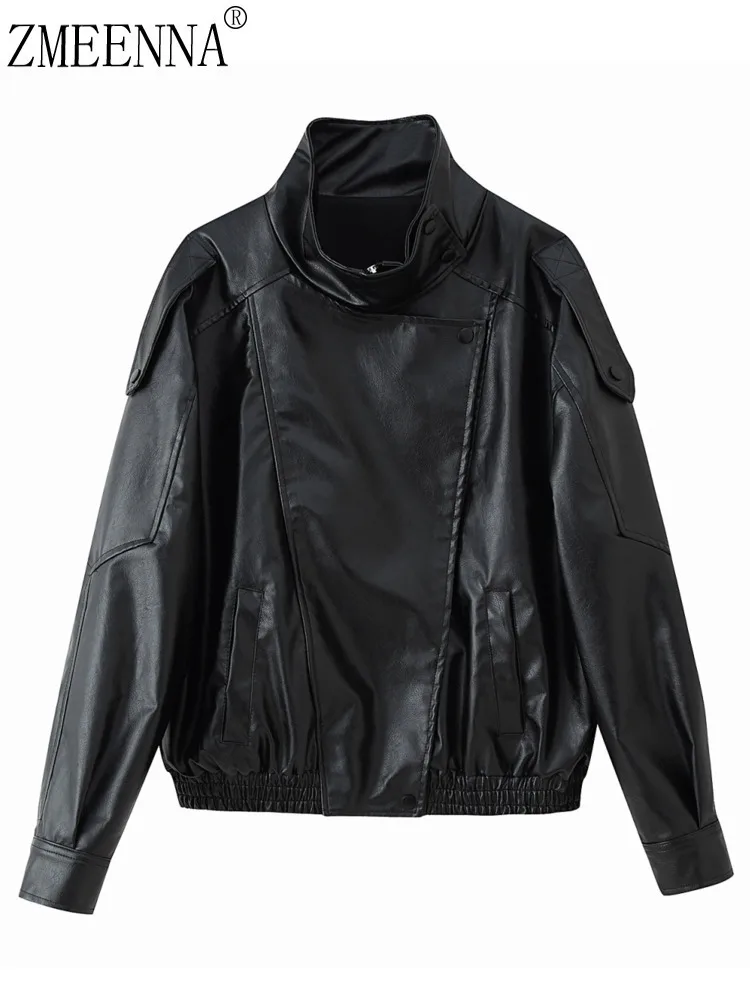 ZMEENNA Veste bombardier noire en simili cuir pour femme col haut fermeture éclair poches avant ourlet côtelé vêtements d'extérieur décontractés ZM4200