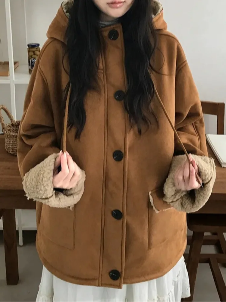 Abrigo de piel de ante Retro con capucha Dstring chaqueta de algodón versátil cálida para mujer primavera Otoño Invierno nueva llegada