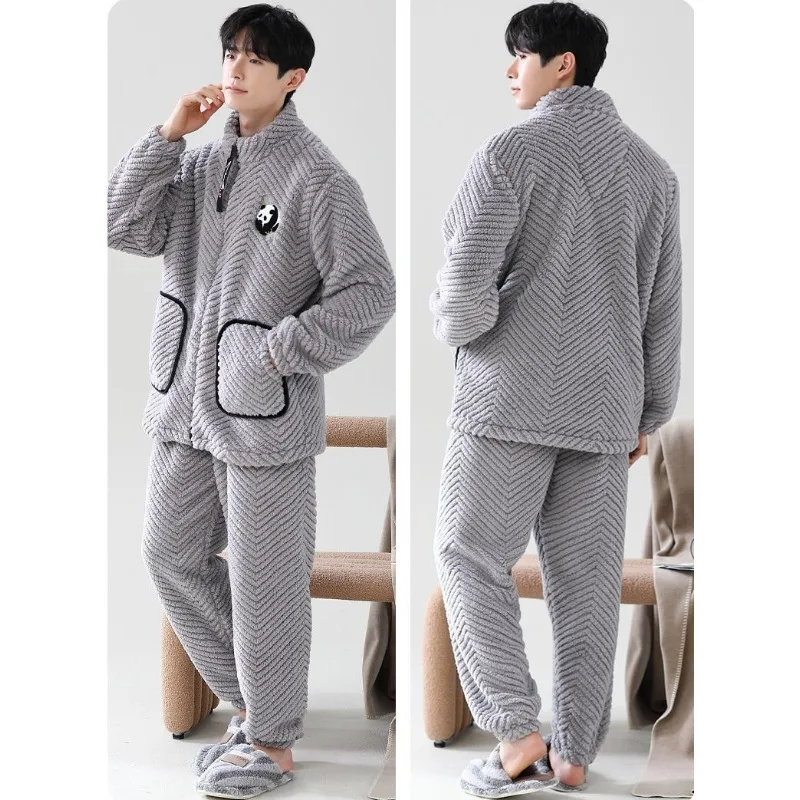 2024 New Winter Coral Velvet Pajamas Men\'s Long Sleeved Padded Plus Size Sleepwear Zipper Warm Autumn Flannel Loungewear Set