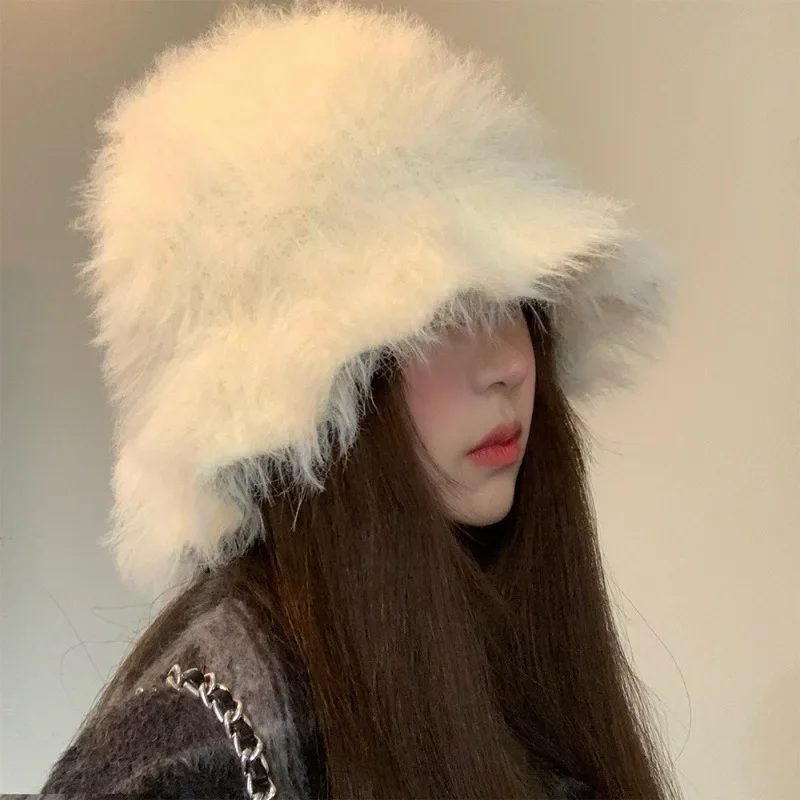 Korean Show Face Small Solid Color Plush Women's Caps Autumn and Winter Retro Versatile Soft Skin-friendly Knitted Bucket Hat