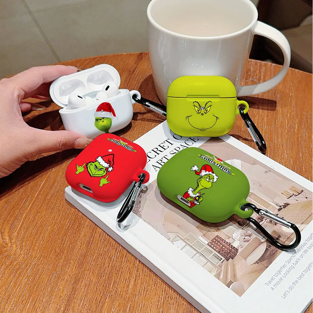 Shockproof cartoon G-G-grinchs Protective Glossy HD Hard PC Earphone Cover Case For AirPods 1 2 3 4 Pro Pro2 with Metal Hook