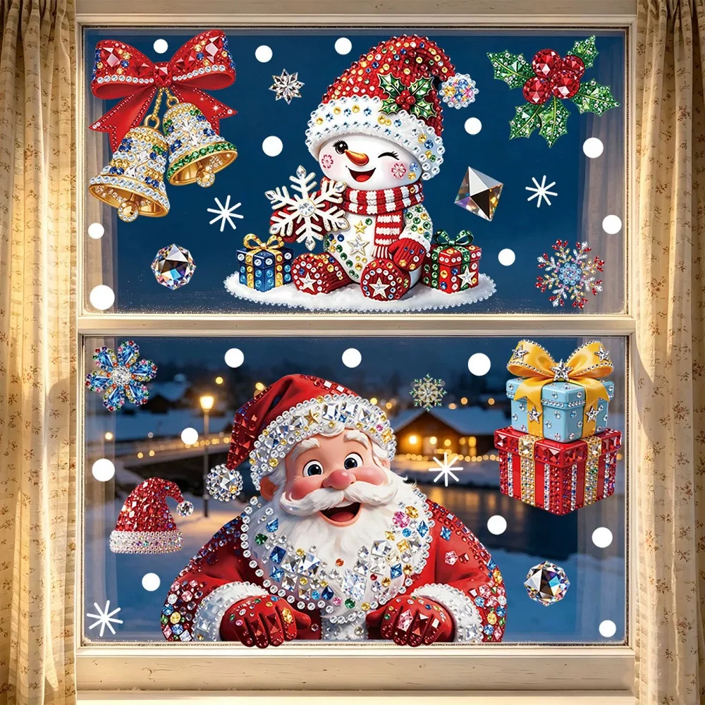 Christmas Window Sticker Flash Diamond Effect Snowman Santa Claus PVC Static Glass Decoration for Home Shopping Mall Showcase