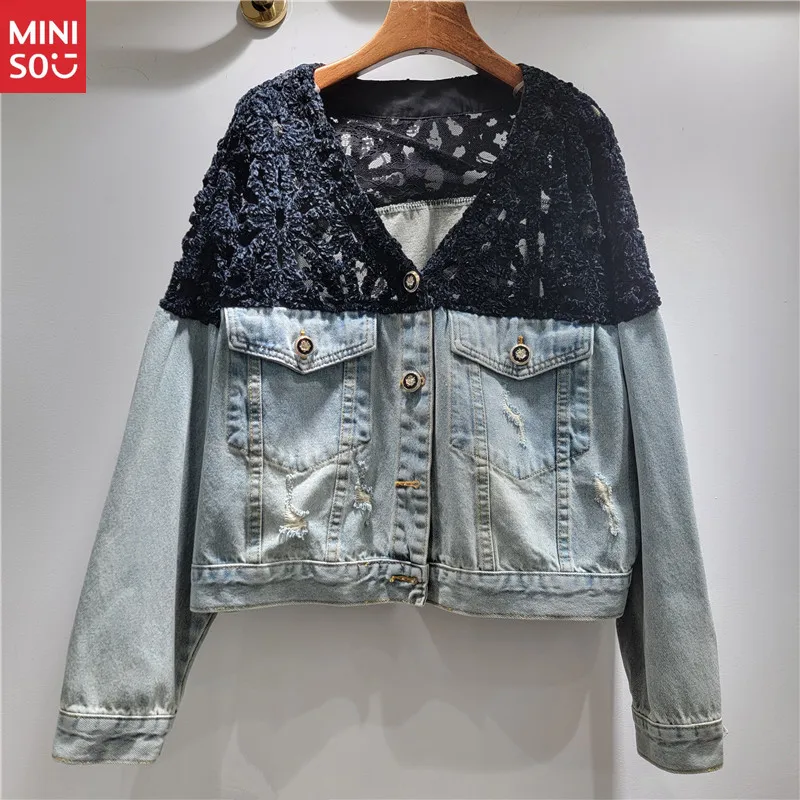 

Miniso 2025 Women's Patchwork Denim Jacket, V-Neck Short Long Sleeve Single Breasted Coat