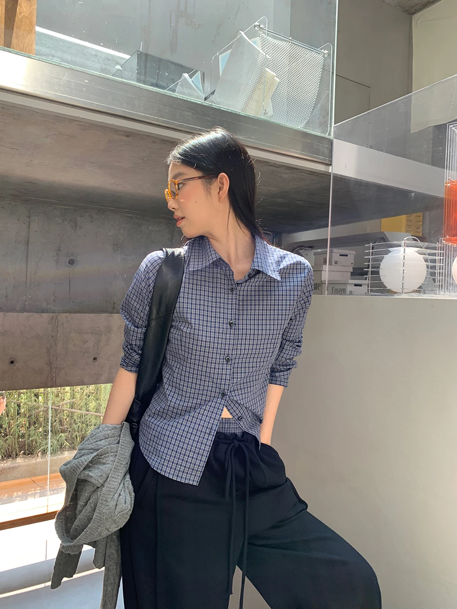 قميص نسائي بأكمام طويلة بنقشة مربعات زرقاء، تصميم جديد للخريف، أسلوب بسيط للعمل، قطن 00٪، قميص داخلي، قمة أنيقة وفريدة #2