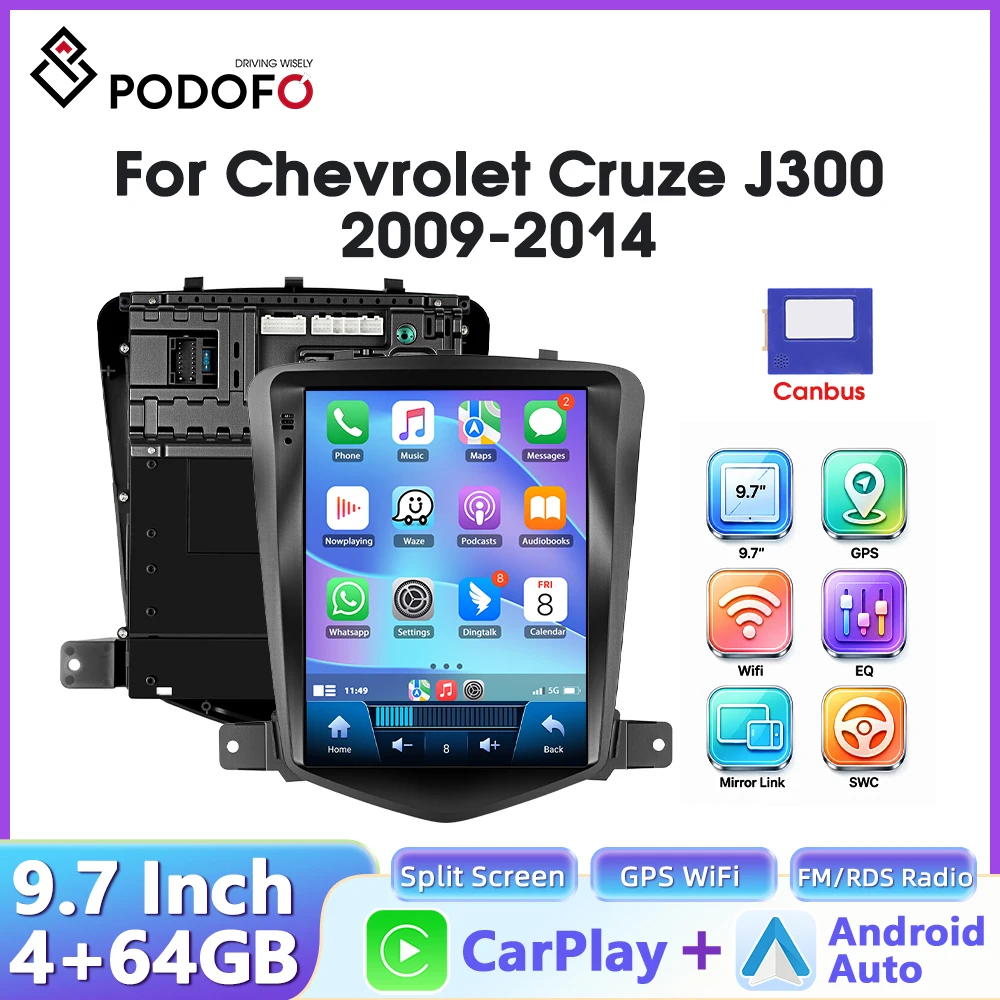 Radio samochodowe Podofo 4+64G z systemem Android do Chevrolet Cruze J300 2009-2014, multimedialny odtwarzacz wideo w stylu Tesla, Carplay, GPS, nawigacja, stereo